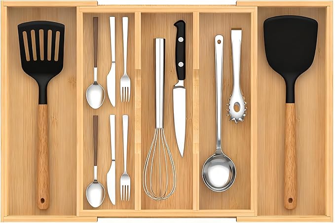 Bamboo Expandable Kitchen Drawer Organizer, 13" - 23" Adjustable Utensils Holder and Cutlery Tray, 3-5 Slots Drawer Organizer for Silverware Flatware
