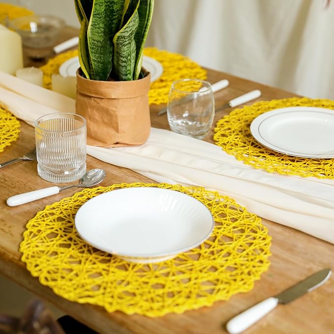 AHHFSMEI Paper Braided Round Placemats Set of 8 Natural Non-Slip Heat Resistant Table Mats for Dining Tables Woven Indoor Outdoor Place mats for(Yellow,8)
