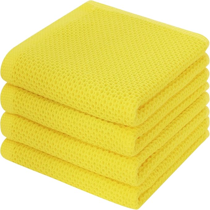 Kitinjoy 100% Cotton Waffle Weave Kitchen Hand Towels (13 x 28 Inches, Yellow), 4-Pack Super Soft and Absorbent Dish Towels for Drying Dishes