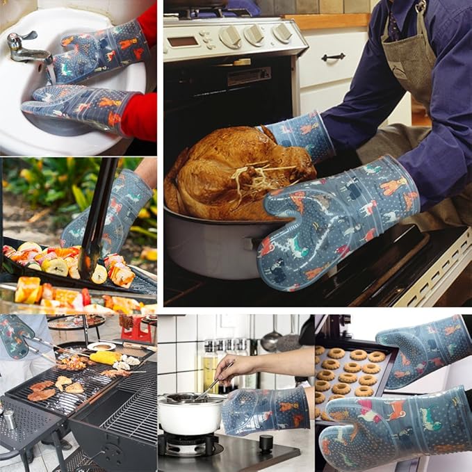 Oven Mitts Set of 2 with Transparent Clear Silicone Shell and Nice Dog Printing Cotton Lining, Heat Resistant to 500 F Kitchen Oven Gloves Pot Holder for Cooking (Gray)