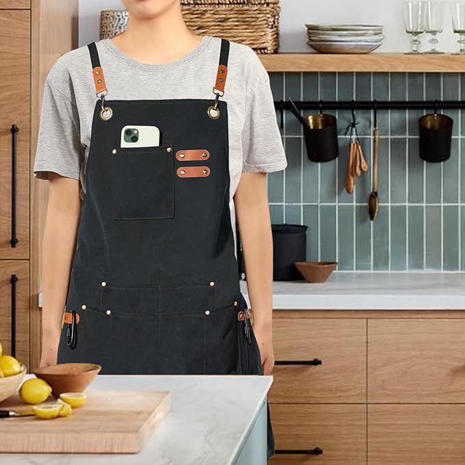 Canvas Work Apron,Cross Back Aprons for Men,Women,Cooking,Carpenter,Woodworking,Chef,BBQ,Grilling,Bartender