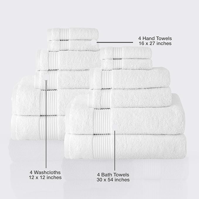 Classic Turkish Towels CTT - 12 Piece Family Towel Set for Bathroom, 100% Turkish Cotton, Quick Drying, Absorbent & Comfy, Includes 4 Bath Towels, 4 Hand Towels, & 4 Washcloths | (White)