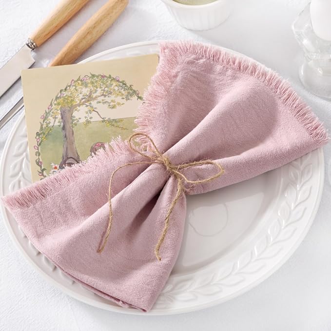 DeZerlor 12 Pack Pink Cotton Linen Napkins with Fringe Spring Cloth Napkins Set of 12 Boho Handmade Dinner Napkins Bulk for Wedding Bridal Baby Shower Parties, 17 x 17 Inches