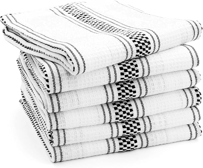 Black Kitchen Towels Set of 6, 100% Cotton Dish Towels, Striped Hand Towel, French Dish Cloths for Washing Dishes, Farmhouse Tea Towels, Absorbent Dish Towel with Hanging Loop, 18 x 28 [Black/White]