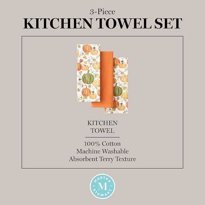 Martha Stewart Autumn Harvest Pumpkins Kitchen Towel 3-Pack Set, 100% Cotton with Absorbent Terrycloth, Decorative Kitchen Towels, Orange/Green/Ivory, 16"x28"