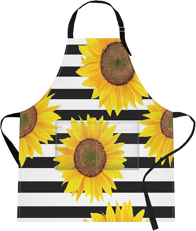 Britimes Apron Home Kitchen Cooking Baking Gardening for Women Men with Pockets Sunflowers Striped Black White Flower 32x28 inch