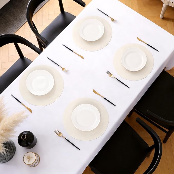 MOSAYT 13 Inch Round Vinyl Placemats Set of 6 - Faux Leather 100% Waterproof Oil-Proof Wipeable PU Place Mats, Heat Resistant Reversible Table Mats for Kitchen, Dining, Outdoor (Beige)