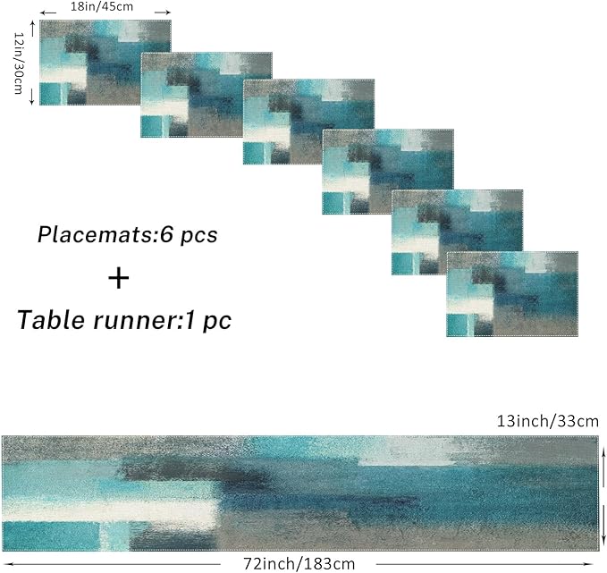 ArtSocket Farmhouse Table Runner and Placemats Set of 6, Abstract Green Blue Grey Teal Painting Art Dining Decor for Daily Use(1 Table Runner 72 inches Long and 6 Placemats)