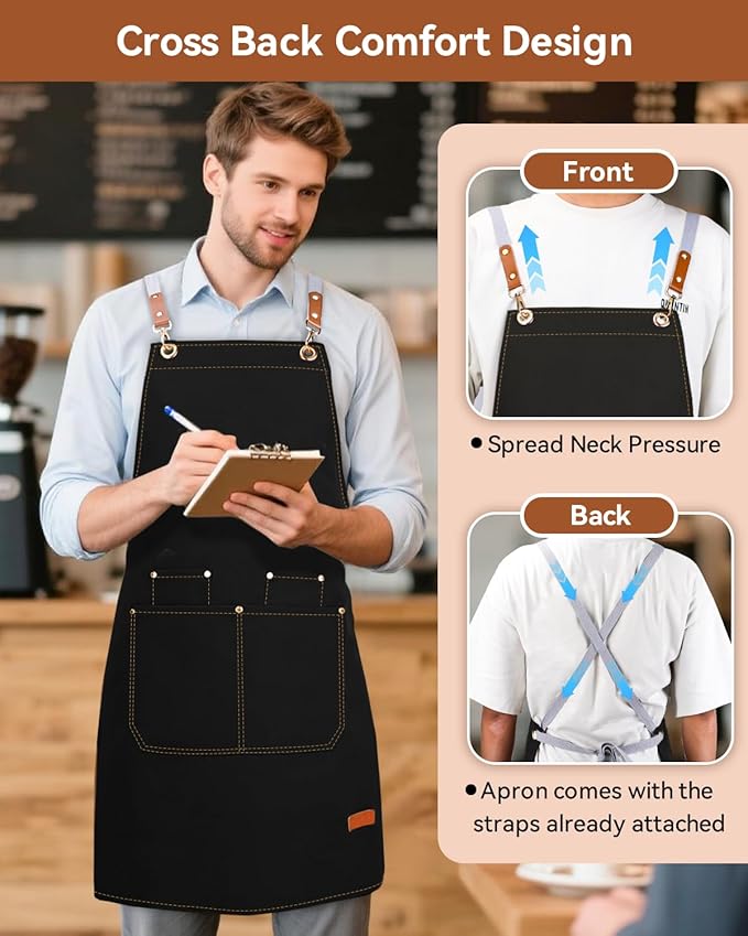Teskyer Kitchen Cooking Apron with Pockets, Water Oil Resistant, Canvas Cross Back Aprons for Men Women Chef Server