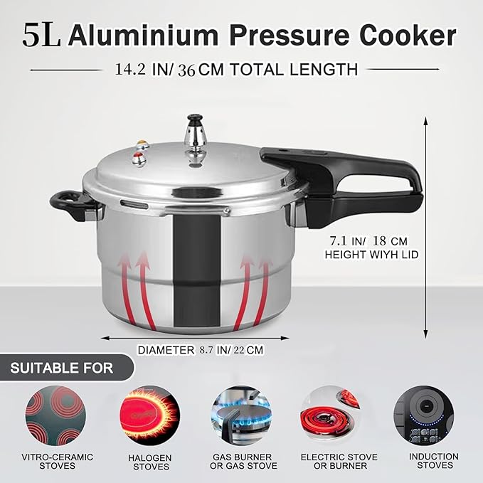 Small Pressure Cooker 5 Quart，Aluminum Pressure Cooker Compatible with Gas & Induction Cooker Fast Cooking Pot Even Heat Distribution for 4-5 People