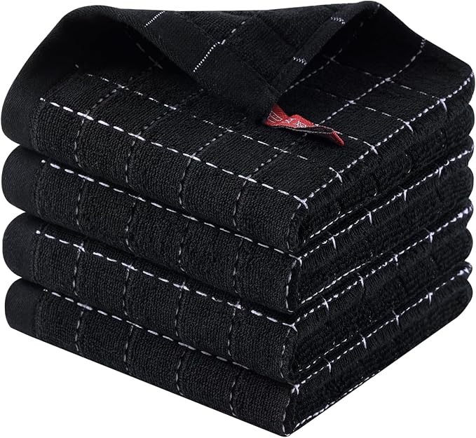 Homaxy 100% Cotton Terry Kitchen Dish Cloths, Ultra Soft and Absorbent Dish Towels for Kitchen, Suitable for Drying and Washing Dishes, 4 Pack, 12 x 12 Inches, Black