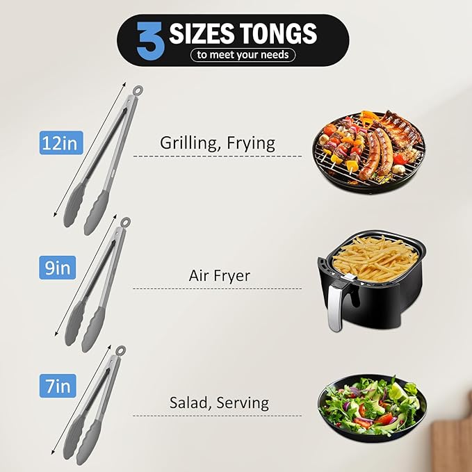 Kitchen Tongs, Stainless Steel Cooking Tongs with Silicone Tips, 600ºF High Heat-Resistant Non Scratch Locking Tongs for Cooking BBQ Grilling Air Fryer Pans, Set of 3(7" 9" and 12") Light Grey