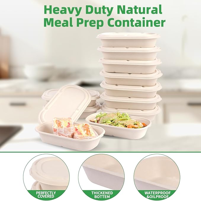 50Pcs(24oz) Disposable Meal Prep Food Containers with Lids,Lunch Salads Microwaveable and Freezable Compostable Safe Non Plastic Food Storage，Biodegradable Take Out Food Bento Boxes.