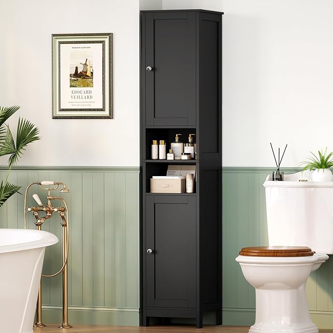 TEENFON 67" Tall Bathroom Cabinet with Adjustable Shelves and Doors, Narrow Bathroom Storage Cabinet for Small Space, Living Room, Entryway, Kitchen, Black