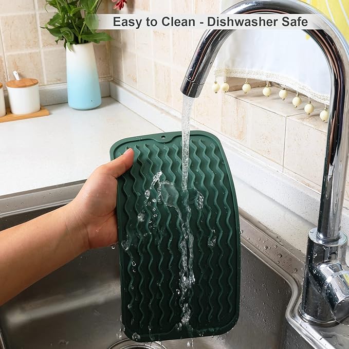 ZLR Silicone Sponge Holder & Sink Caddy Tray (6" x 12") - Narrow Dish Drying Mat for Kitchen Counter - Waterproof Soap Dispenser Organizer, Non-Slip Bathroom Vanity Tray (Dark Green)