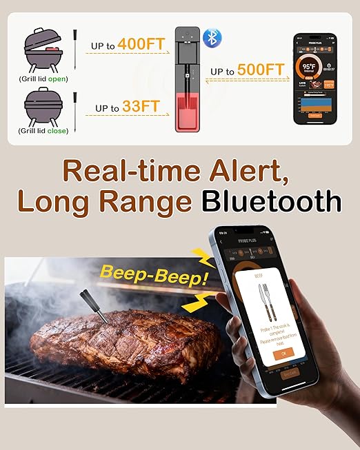 ±0.5°F Accuracy Shows Real-Time Temp Wireless Meat Thermometer: Smart 900ft Bluetooth Keeps Connection Across Wall - Meat Probe Withstands Max 572°F Heat Oven Safe Easy Setup App for BBQ Smoker Grill