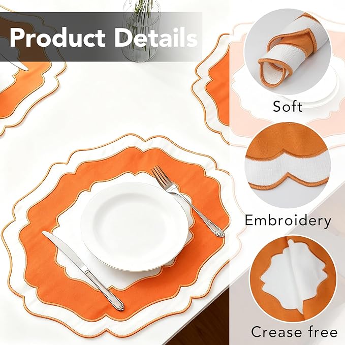 Embroidery Cotton Linen Placemats Set of 4, HADEEONG Table Mats Cloth Placemats, Washable Wrinkle Resistance, Double Layer Scalloped Fabric Placemats, 17.7 x 13.4inch (White with Orange, 4)