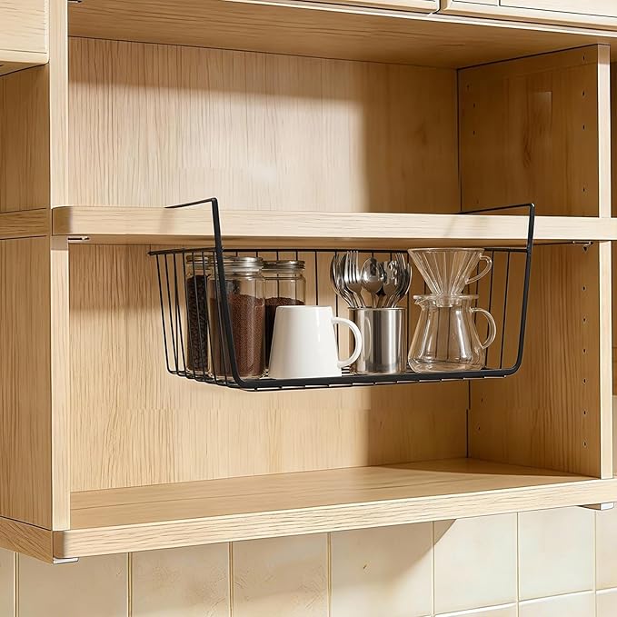 Undershelf Storage Basket Under Shelf Wire Basket Household Metal Under Shelf Hanging Storage Bin Basket Slides Under Shelves for Storage Space Saving for Kitchen Pantry Bookshelf 4 PCS
