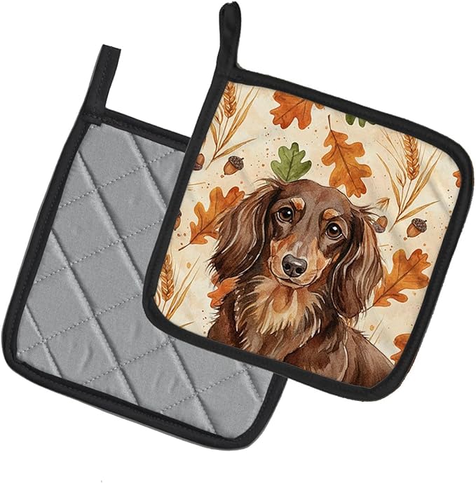 Caroline's Treasures Longhaired Chocolate and Tan Dachshund Heirloom Fall Pair of Pot Holders Pair 7.5x7.5 Quilted Insulated Hot Pads Decorative Kitchen Gift Made in USA