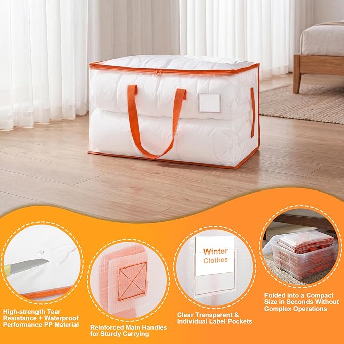 KYODOLED Clear Moving Bags with Orange Handles, 6-Pack Heavy Duty Storage Totes for Clothes & Bedding, Extra Large 27"x14"x15" (24 Gal), Foldable Transparent Organizer with Label Pocket, PP Material
