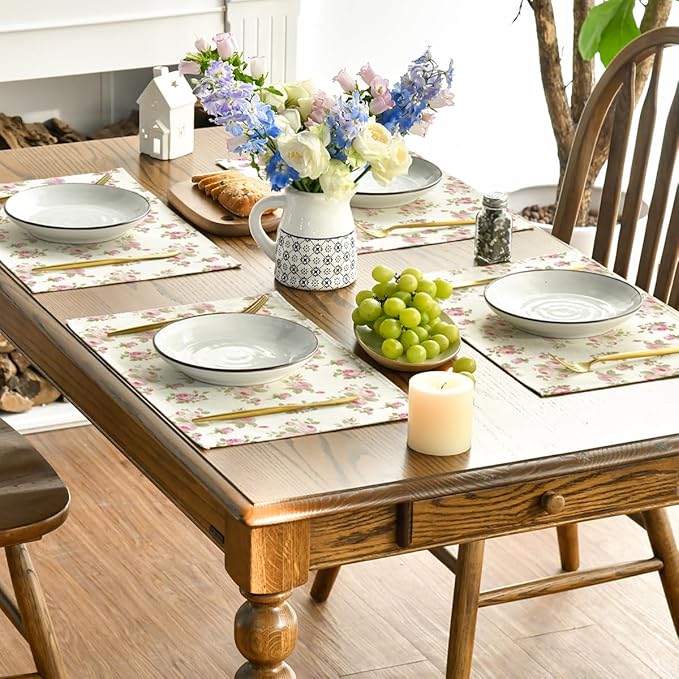 Artoid Mode Floral Rose Spring Placemats Set of 4, 12x18 Inch Seasonal Summer Holiday Pastoral Table Mats for Party Kitchen Dining Decoration
