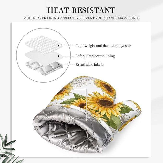 Yellow Sunflower Oven Mitts Sunflowers Pot Holders Yellow Flowers Cooking Apron Set of 5 Silicone Kitchen Glove Apron Non-Slip Heat Resistant for Chef Baking Cooking Grilling BBQ