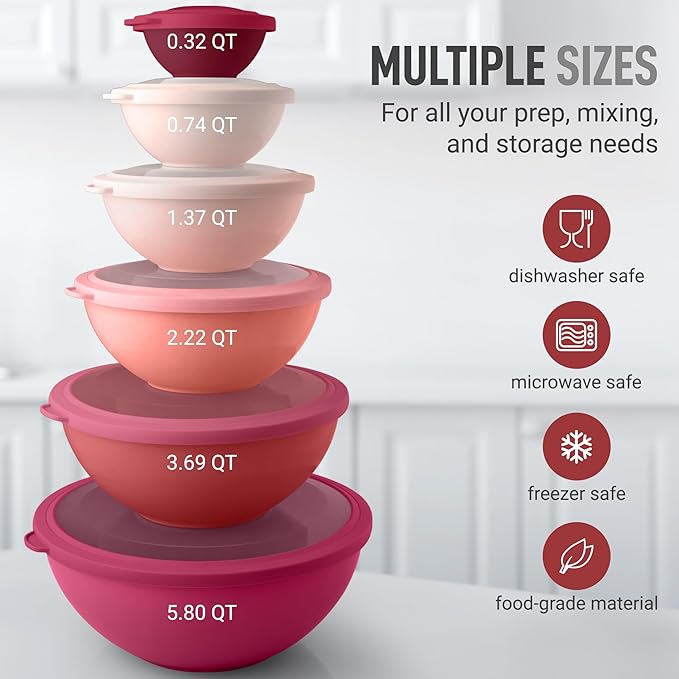 Zulay Kitchen 12 Piece Plastic Mixing Bowls with Lids Set - Leak-Proof Microwave & Freezer Safe Stackable Mixing Bowl Set for Preparing, Serving and Storing - Non-Slip Large Nesting Bowls (Red Ombre)