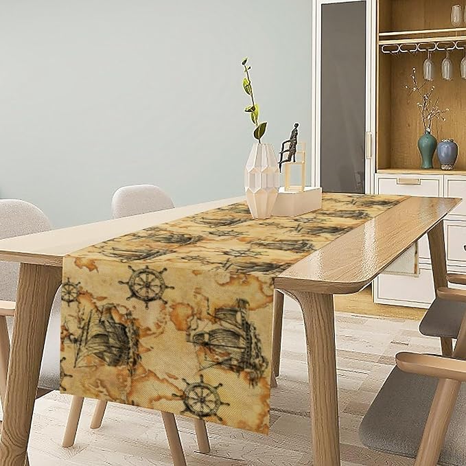 Nautical Table Runner Vintage Map Boat Art Printed Runner for Home Kitchen Dining Table Living Room Decor Fabric 1 Panel W13xL108in