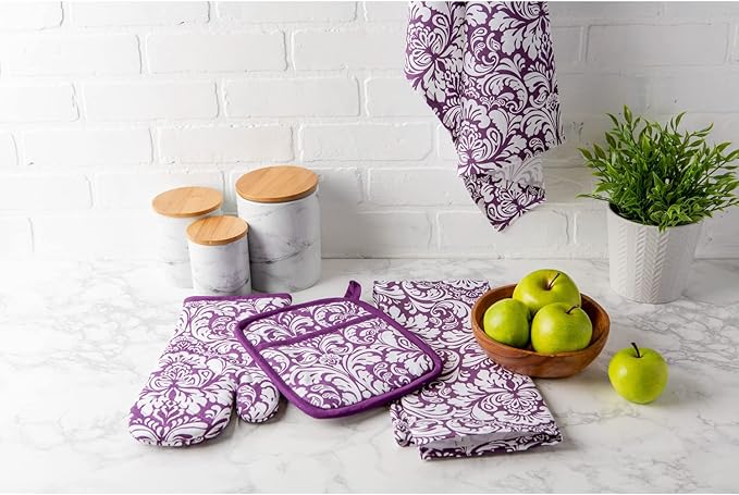 DII Quilted Kitchen Oven Mitt & Potholder Set, Hanging Loop for Convenient Storage, OM 6.5x12/PH 8x8.5, Eggplant Damask Print, 2 Piece