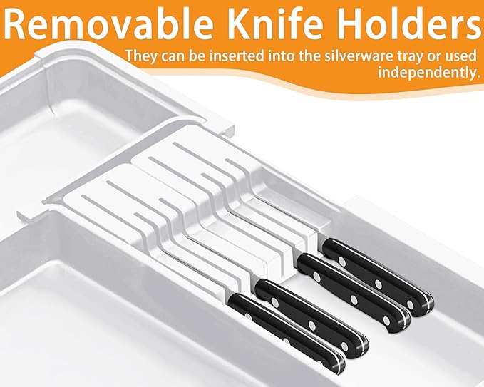 Homecor Kitchen Drawer Organizer Large Expandable Silverware Organizer, Utensil Holder and Flatware Tray, Kitchen Spatula Tools and Gadgets Storage with Removable Knife Blocks and 3 Dividers, White