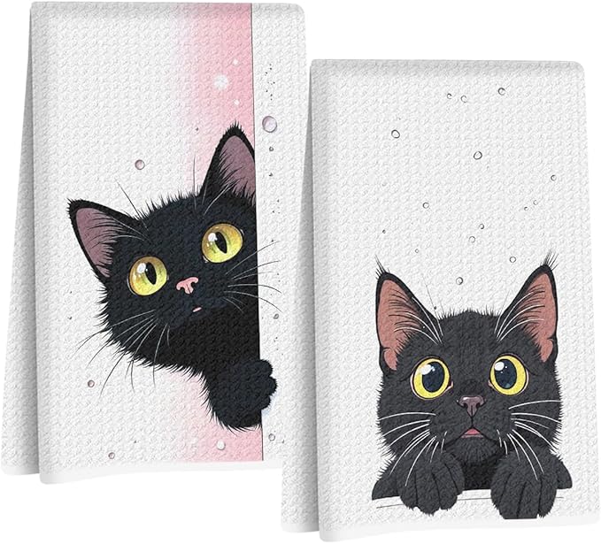 Jztco 2 Pcs Cute Cat Kitchen Towels, Cats Gifts Reusable Hand Tea Towel, Microfiber Dish Cloths for Drying Dishes, Waffle Dish Towels for Kitchen Home Bathroom Decor, Cat Lover Gifts for Women Mom