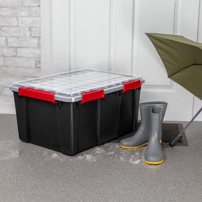 Sterilite 12 Pack Gasket Box, Stackable Plastic 20 Gallon Storage Container with Lids, Black - Waterproof and Dustproof Tote for Home Organization