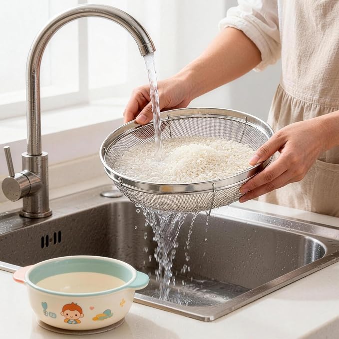 Fine Mesh Strainer for Kitchen, Stainless Steel Colander Bowl for Pasta, Rice, Fruit, Metal Net Baskets with Resting Base - Strain, Drain, Rinse (Diameter 7.48 inch)