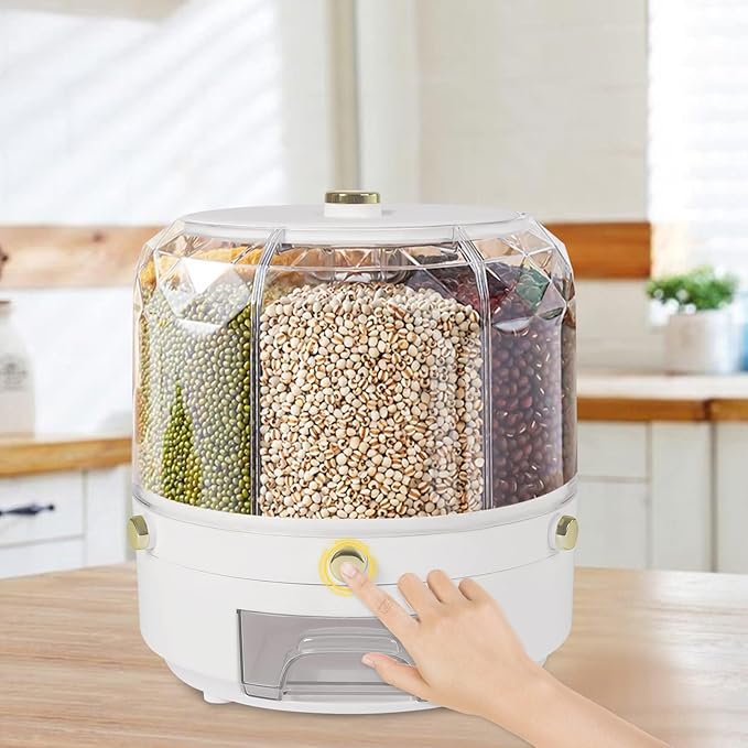 Cereal Dispenser, 6-grid 360° Rotating Grain Dispenser, 6 in 1 Sealed Clear Rice Dispenser, 6kg/13.2lbs Grain Storage Container, Countertop PP+PET Round Granular Dry Food Dispenser, 9.84*9.84in White