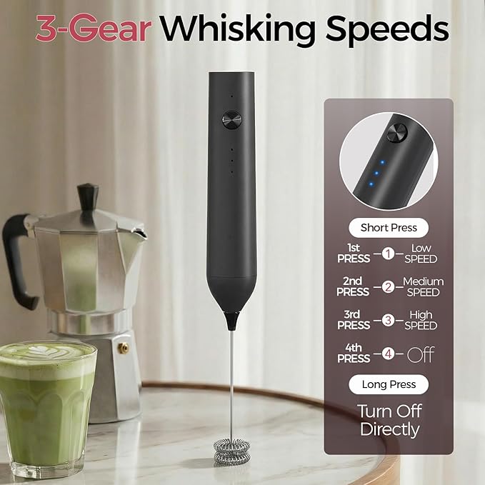 YARRAMATE Electric Milk Frother Wand, Fast Rechargeable Coffee Mixer with 2 Heads 3 Speeds, Handheld Drink Stirrer, Whisk Foam Maker for Lattes, Cappuccino, Matcha, Hot Chocolate (Black)