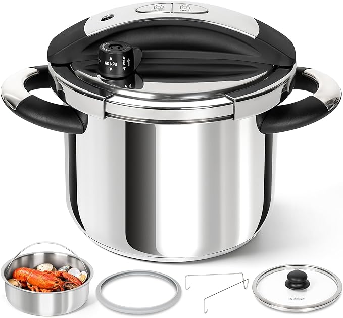 MICHELANGELO Stainless Steel Pressure Cooker 6.3 Quart, 3-in-1 Olla de Presion, One-Hand Locking System, Induction Compatible, with Glass Lid & Steamer