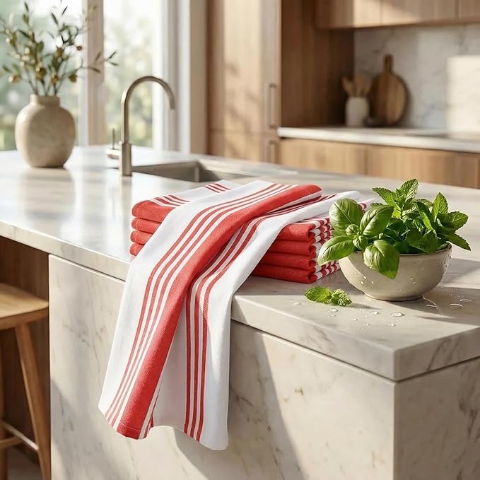 Urban Villa Kitchen Towels 100% Cotton Dish Towels for Kitchen (Set of 6) 20”x30” Dish Cloths Highly Absorbent Kitchen Linen Set with Hanging Loop Perfect for Drying Dishes Cleaning Towels-Red White