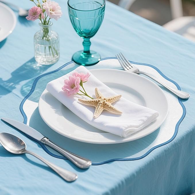 Set of 6 Scallop Linen Placemats, 15 Inch Blue and White Round Placemats Cotton Linen Table Mats Handcrafted Machine Washable Wrinkle Free Dining Placemat for Hotel Restaurant Kitchen