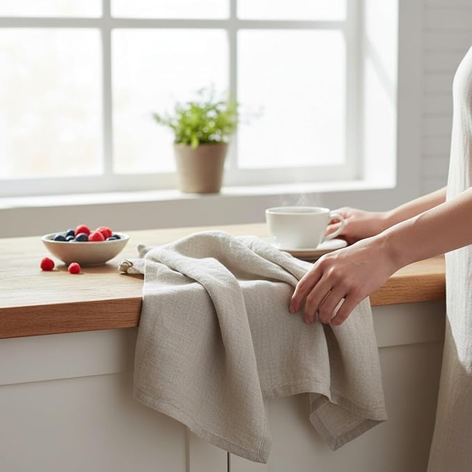 Linen Kitchen Dish Towels – 20” x 27” – 100% Pure Stonewashed Linen Hemstitch Hand Towel/Tea Towel - Set of 2 (Natural)