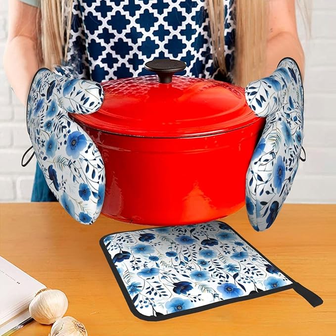 Blue Floral Oven Mitts and Pot Holders Sets of 3, Heat Resistant Cute Decorative Blue Flowers Kitchen Gloves and Hot Pad for Home Cooking Baking Grilling, Baking Gifts for Women, Holiday Kitchen Decor