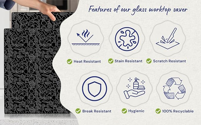 Kitchenville Glass Cutting Board 20”x16”: Tempered Glass Kitchen Counter Protector - Durable- Scratch-Resistant, Heat-Proof - Design 4 - Black Design