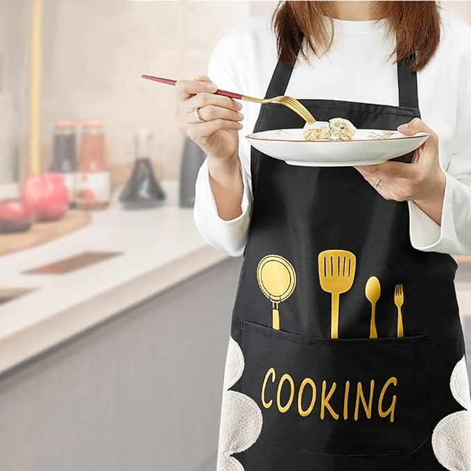 Women Kitchen Apron with Hand Wipe Pockets，Big Pocket,Hand-wiping, Waterproof for Cooking Baking-Black