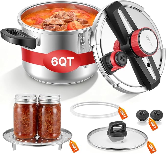 VEVOR Pressure Cooker, 6.3Qt Pressure Cooker Stainless Steel, Pressures Canner with Steaming Rack, Tempered Glass Lid, Three Pressures Settings for Meat, Beans, Rice, Soup, Sauces, Cook up to 100 kPa