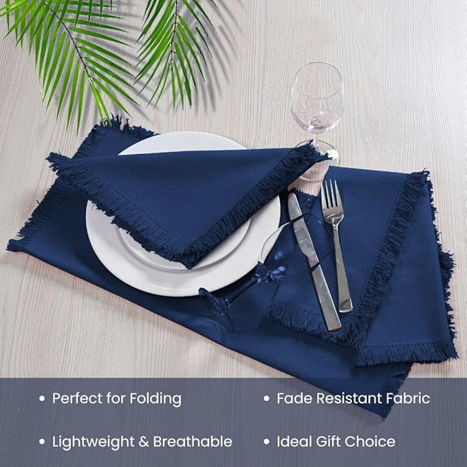 Cloth Dinner Napkins Fringes 100% Cotton Set of 6 - Perfect for Dining Special Occasions Wedding Holidays Christmas - Soft Durable Washable - Elegant 20x20 Inch Cloth Napkins Navy Blue