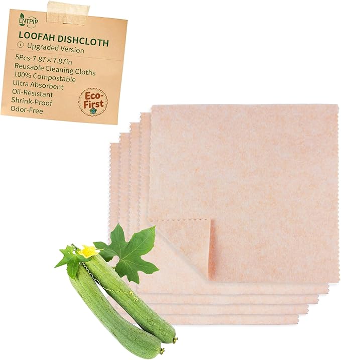 5 Pack Swedish Dishcloths for Kitchen, 100% Compostable Loofah & Plant Fiber Swedish Dish Cloths, Reusable Cleaning Cloths, Super Absorbent, Non-Stick Oil, Fast Dry(7.87x7.87in)