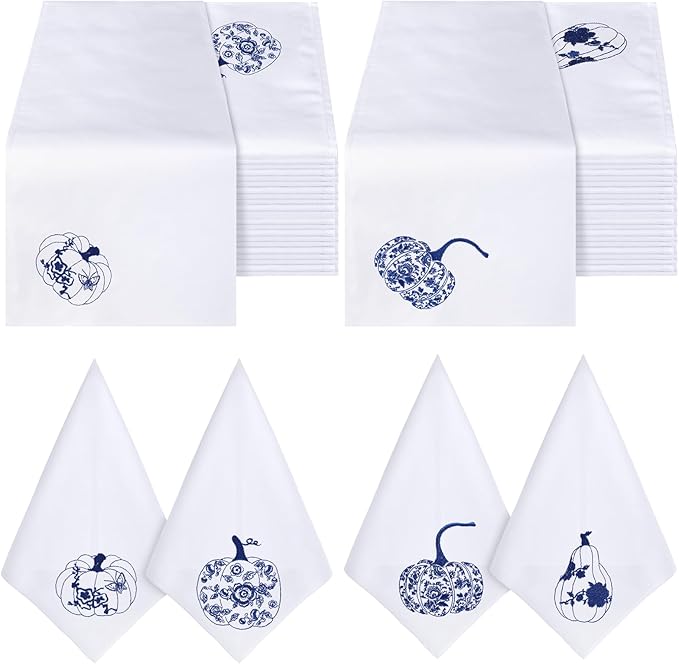 HunnmingRe 12 Pcs Thanksgiving Blue and White Cloth Napkins Chinoiserie Embroidered Pumpkin Cotton Hand Towels Blue Guests Napkin for Dinner Holiday Harvest Weddings Parties Washable 17x17 Inch