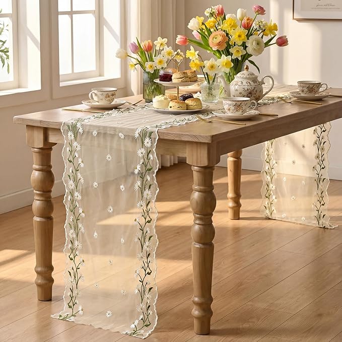 Artoid Mode Daisy Floral Beige Apricot Shaped Gauze Embroidery Table Runner 120 Inch 10FT, Tulle Spring Summer Kitchen Dining Table Decor for Home Party