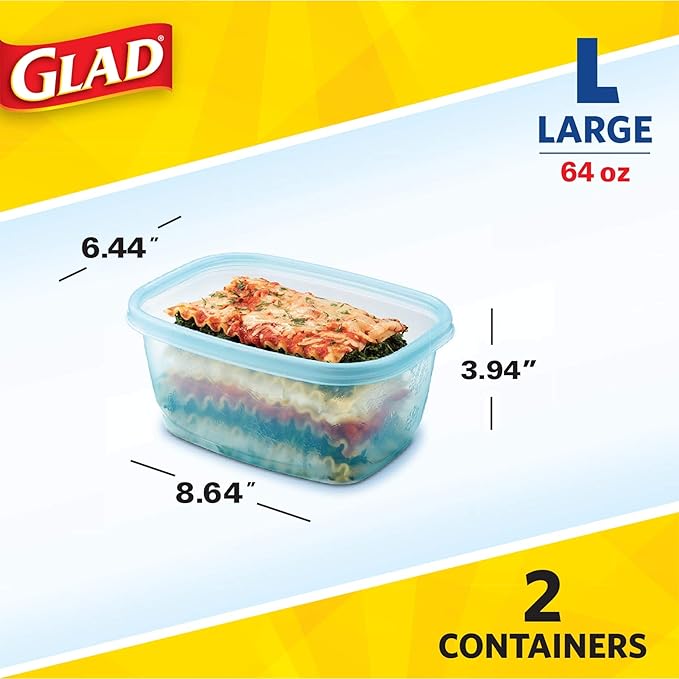 Glad Gladware Freezerware Food Storage Containers, Large Rectangle Holds 64 Ounces of Food, 2 Count Set | Tupperware, Plastic Food Container, Meal Prep Container, Plastic Containers with Lids