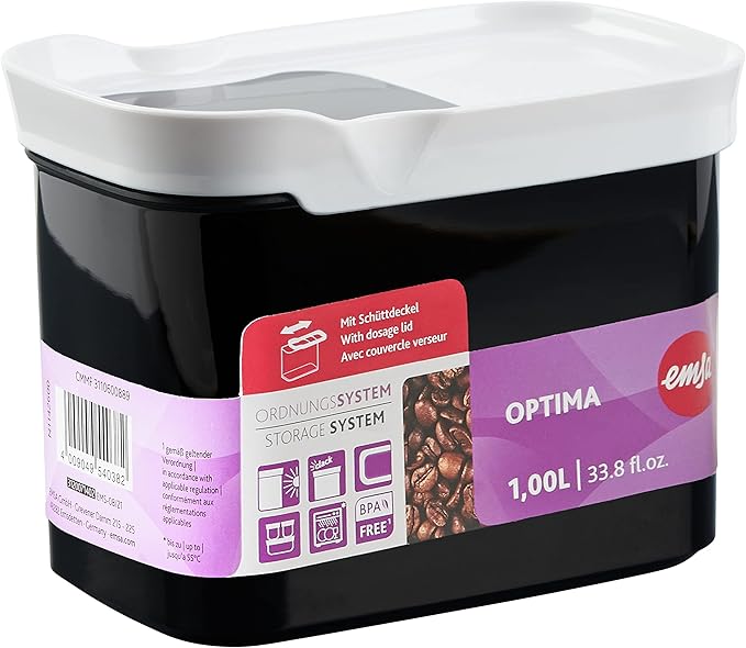 Emsa N11426 Optima Dry Storage Container, 1 Litre, Rectangular, Portrait Format, 100% Safe, Hygienic, Safe and Space-Efficient, Fresh Seal, BPA Free, Black