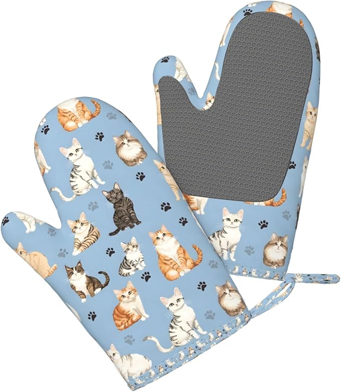 Cat Blue Silicone Oven Mitts Set of 2, Heat Resistant up to 500°F, Kitchen Oven Gloves with Non-Slip Grip and Soft Cotton Lining for Baking, Cooking and BBQ
